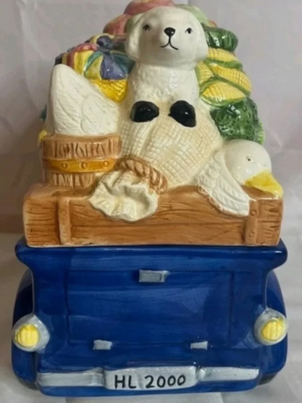 Vintage HL 2000 Blue Farm Truck Cookie Jar Ceramic Animal Crew Bunny Sheep Goose